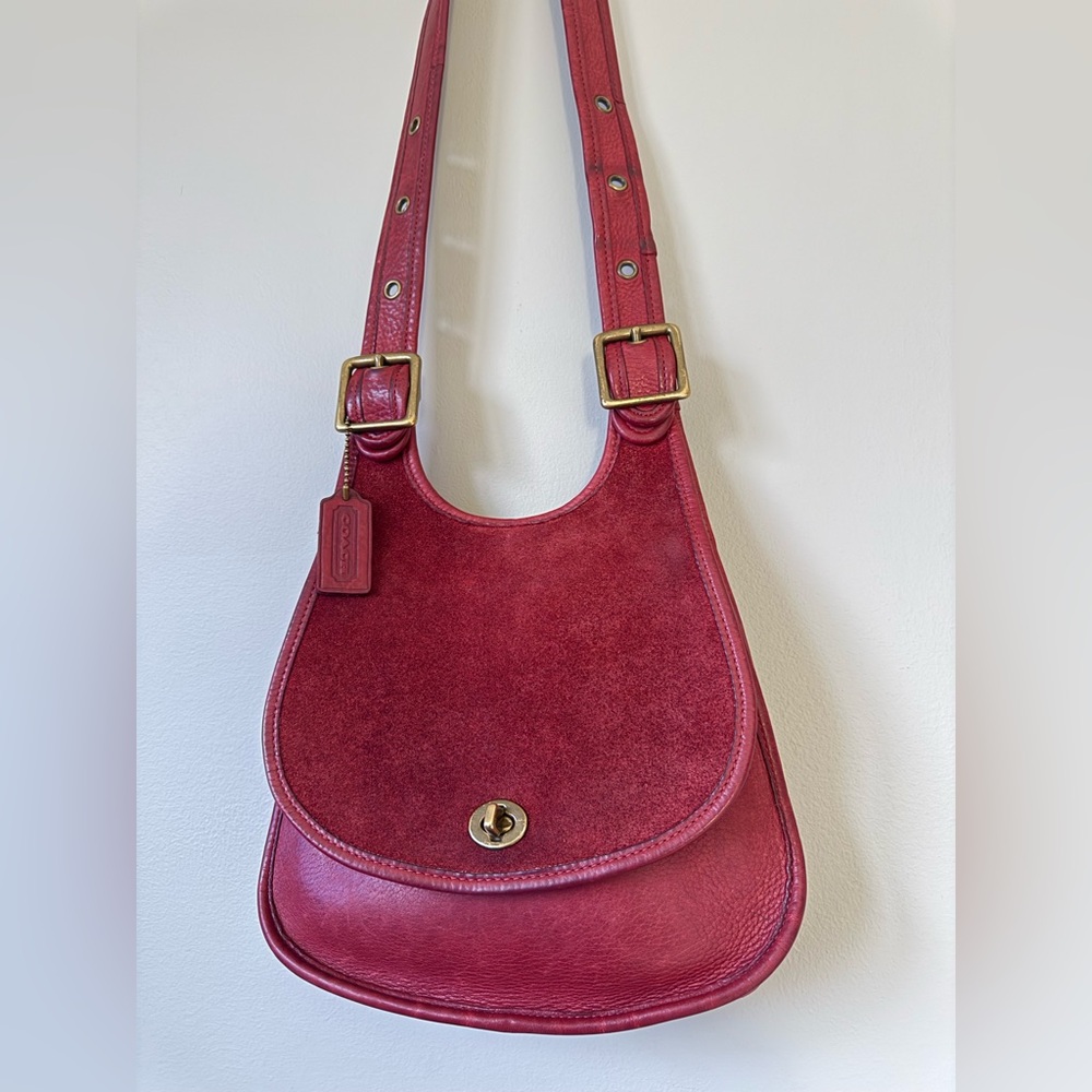 Vintage Coach Red 90’s Berkley Suede 9014 Leather Crossbody Crescent Bag